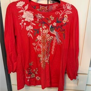 Johnny Was Vibrant Red Embroidered Blouse